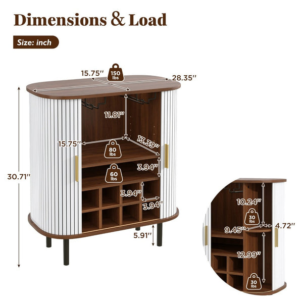 English Elm 28" Fluted Tambour Door Bar Cabinet with Wine Rack Glass Holders and Adjustable Shelving White N728P458234W