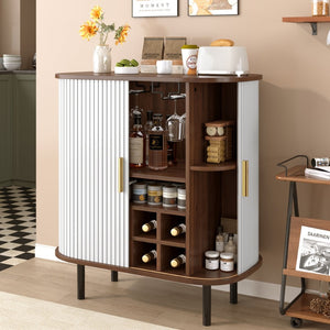 English Elm 28" Fluted Tambour Door Bar Cabinet with Wine Rack Glass Holders and Adjustable Shelving White N728P458234W