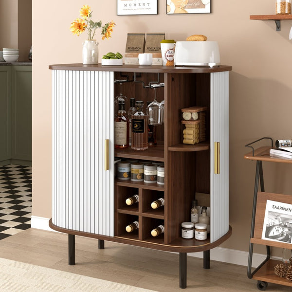 English Elm 28" Fluted Tambour Door Bar Cabinet with Wine Rack Glass Holders and Adjustable Shelving White N728P458234W