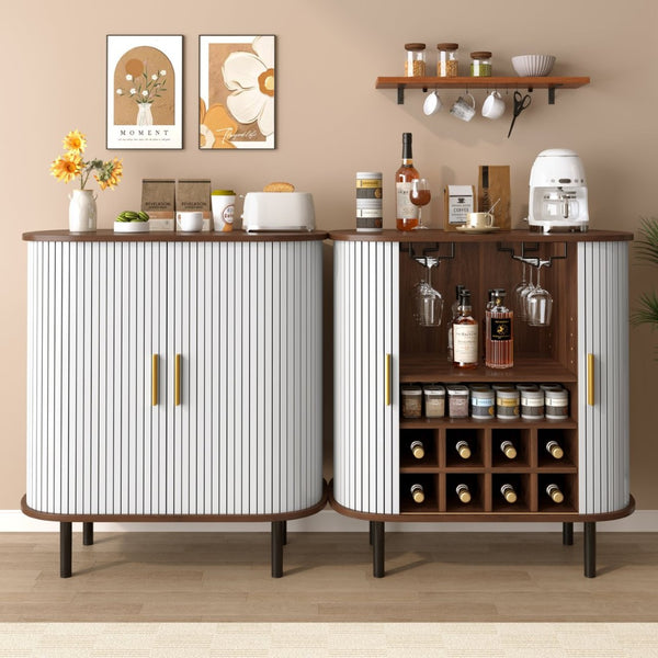English Elm 28" Fluted Tambour Door Bar Cabinet with Wine Rack Glass Holders and Adjustable Shelving White N728P458234W