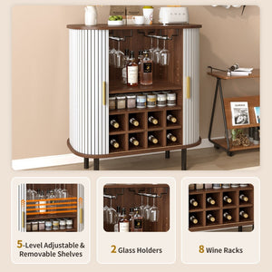 English Elm 28" Fluted Tambour Door Bar Cabinet with Wine Rack Glass Holders and Adjustable Shelving White N728P458234W