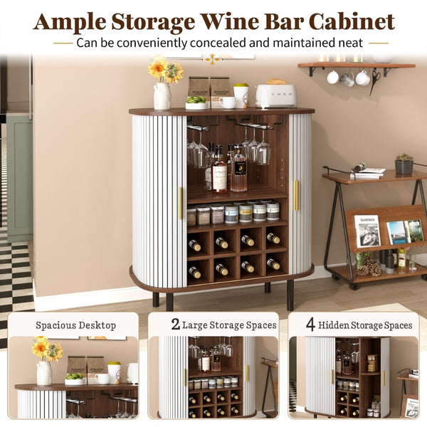 English Elm 28" Fluted Tambour Door Bar Cabinet with Wine Rack Glass Holders and Adjustable Shelving White N728P458234W