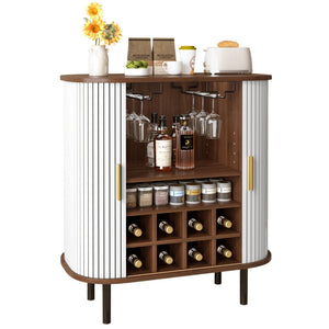 English Elm 28" Fluted Tambour Door Bar Cabinet with Wine Rack Glass Holders and Adjustable Shelving White N728P458234W