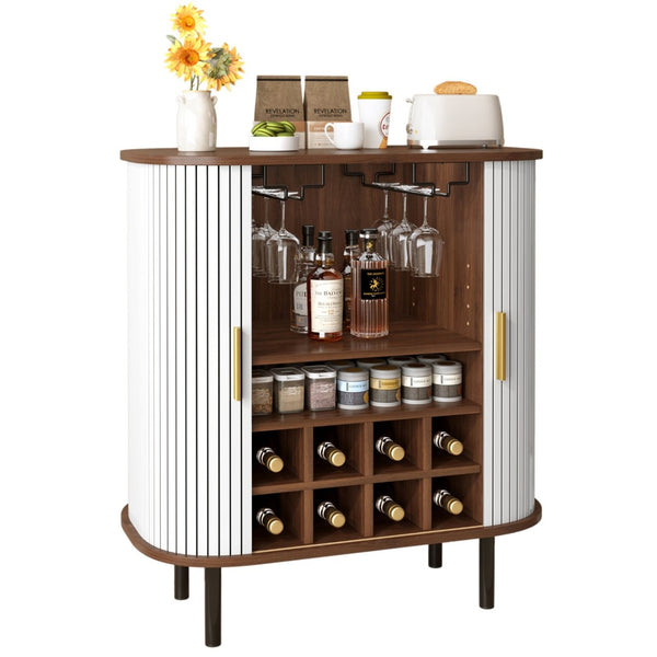 English Elm 28" Fluted Tambour Door Bar Cabinet with Wine Rack Glass Holders and Adjustable Shelving White N728P458234W