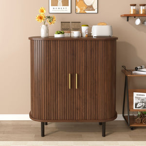 English Elm 28" Fluted Tambour Door Bar Cabinet with Wine Rack Glass Holders and Adjustable Shelving Walnut N728P458234Z
