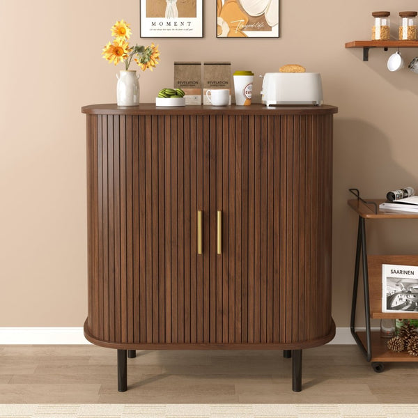 English Elm 28" Fluted Tambour Door Bar Cabinet with Wine Rack Glass Holders and Adjustable Shelving Walnut N728P458234Z
