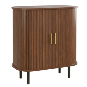 English Elm 28" Fluted Tambour Door Bar Cabinet with Wine Rack Glass Holders and Adjustable Shelving Walnut N728P458234Z