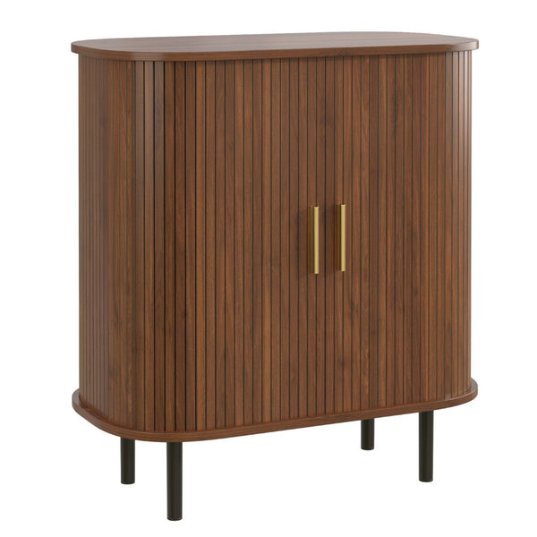 English Elm 28" Fluted Tambour Door Bar Cabinet with Wine Rack Glass Holders and Adjustable Shelving Walnut N728P458234Z