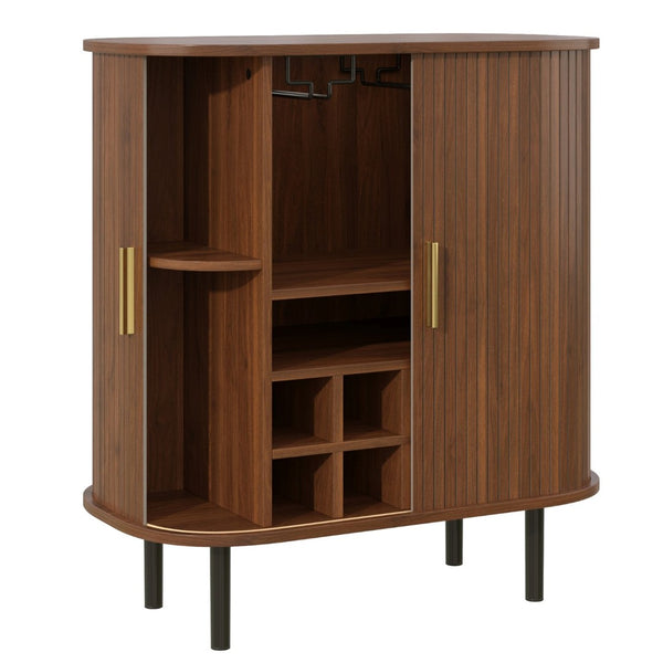 English Elm 28" Fluted Tambour Door Bar Cabinet with Wine Rack Glass Holders and Adjustable Shelving Walnut N728P458234Z