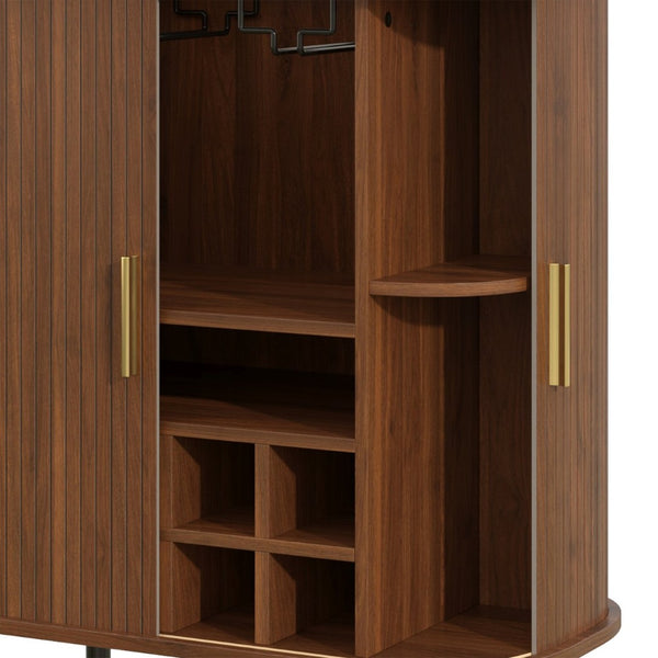 English Elm 28" Fluted Tambour Door Bar Cabinet with Wine Rack Glass Holders and Adjustable Shelving Walnut N728P458234Z