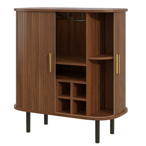 English Elm 28" Fluted Tambour Door Bar Cabinet with Wine Rack Glass Holders and Adjustable Shelving Walnut N728P458234Z