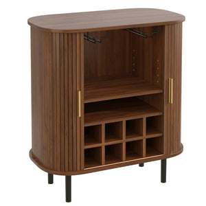 English Elm 28" Fluted Tambour Door Bar Cabinet with Wine Rack Glass Holders and Adjustable Shelving Walnut N728P458234Z
