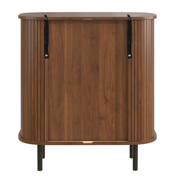 English Elm 28" Fluted Tambour Door Bar Cabinet with Wine Rack Glass Holders and Adjustable Shelving Walnut N728P458234Z