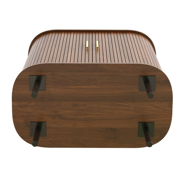 English Elm 28" Fluted Tambour Door Bar Cabinet with Wine Rack Glass Holders and Adjustable Shelving Walnut N728P458234Z