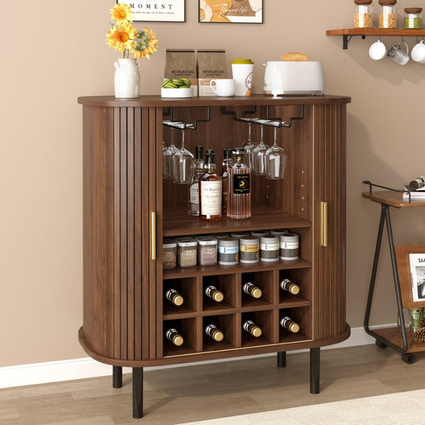 English Elm 28" Fluted Tambour Door Bar Cabinet with Wine Rack Glass Holders and Adjustable Shelving Walnut N728P458234Z