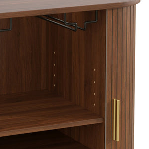 English Elm 28" Fluted Tambour Door Bar Cabinet with Wine Rack Glass Holders and Adjustable Shelving Walnut N728P458234Z