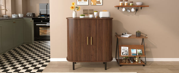 English Elm 28" Fluted Tambour Door Bar Cabinet with Wine Rack Glass Holders and Adjustable Shelving Walnut N728P458234Z