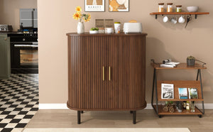 English Elm 28" Fluted Tambour Door Bar Cabinet with Wine Rack Glass Holders and Adjustable Shelving Walnut N728P458234Z