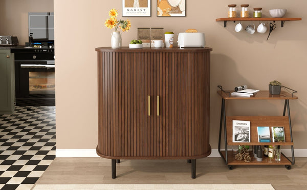 English Elm 28" Fluted Tambour Door Bar Cabinet with Wine Rack Glass Holders and Adjustable Shelving Walnut N728P458234Z