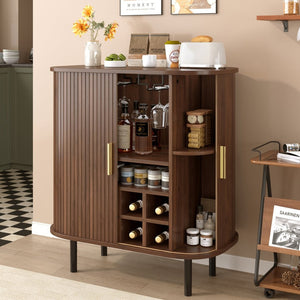 English Elm 28" Fluted Tambour Door Bar Cabinet with Wine Rack Glass Holders and Adjustable Shelving Walnut N728P458234Z