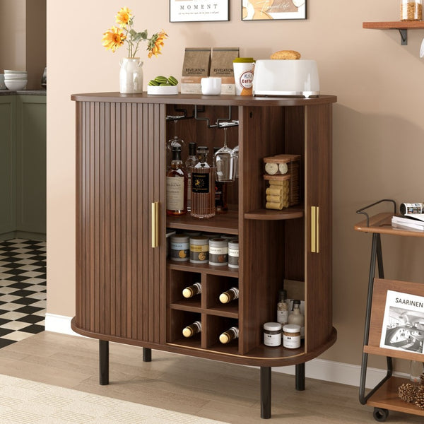 English Elm 28" Fluted Tambour Door Bar Cabinet with Wine Rack Glass Holders and Adjustable Shelving Walnut N728P458234Z