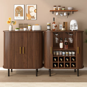 English Elm 28" Fluted Tambour Door Bar Cabinet with Wine Rack Glass Holders and Adjustable Shelving Walnut N728P458234Z