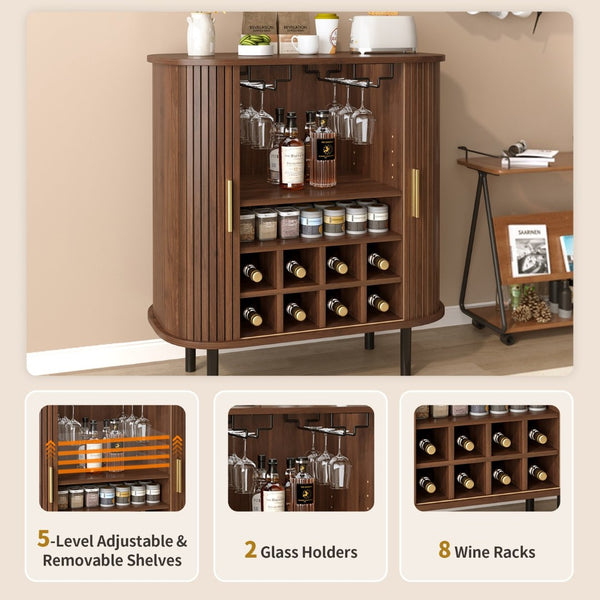 English Elm 28" Fluted Tambour Door Bar Cabinet with Wine Rack Glass Holders and Adjustable Shelving Walnut N728P458234Z