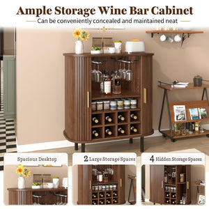 English Elm 28" Fluted Tambour Door Bar Cabinet with Wine Rack Glass Holders and Adjustable Shelving Walnut N728P458234Z