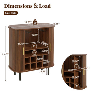 English Elm 28" Fluted Tambour Door Bar Cabinet with Wine Rack Glass Holders and Adjustable Shelving Walnut N728P458234Z