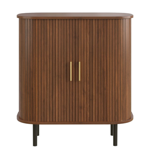 English Elm 28" Fluted Tambour Door Bar Cabinet with Wine Rack Glass Holders and Adjustable Shelving Walnut N728P458234Z