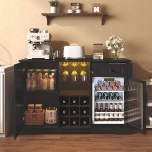 English Elm Bar Cabinet with Fridge Compartment Power Outlet Two Tone Mid Century Modern Storage Black 47.24 L x 16.54 W x 31.1 H N728P511478B