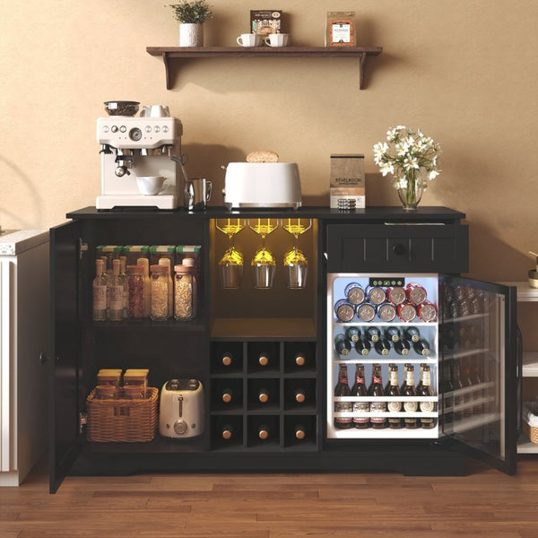 English Elm Bar Cabinet with Fridge Compartment Power Outlet Two Tone Mid Century Modern Storage Black 47.24 L x 16.54 W x 31.1 H N728P511478B