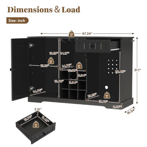 English Elm Bar Cabinet with Fridge Compartment Power Outlet Two Tone Mid Century Modern Storage Black 47.24 L x 16.54 W x 31.1 H N728P511478B