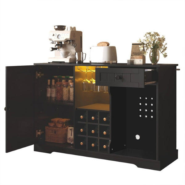 English Elm Bar Cabinet with Fridge Compartment Power Outlet Two Tone Mid Century Modern Storage Black 47.24 L x 16.54 W x 31.1 H N728P511478B