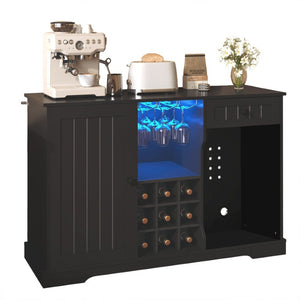 English Elm Bar Cabinet with Fridge Compartment Power Outlet Two Tone Mid Century Modern Storage Black 47.24 L x 16.54 W x 31.1 H N728P511478B