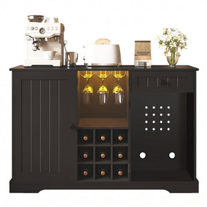 English Elm Bar Cabinet with Fridge Compartment Power Outlet Two Tone Mid Century Modern Storage Black 47.24 L x 16.54 W x 31.1 H N728P511478B