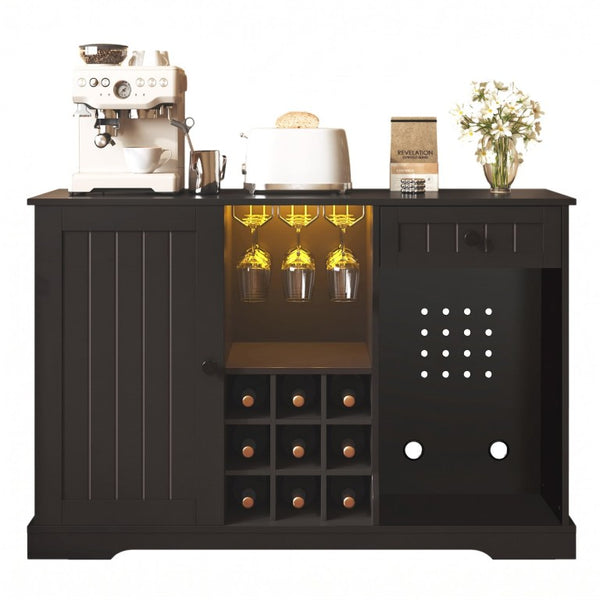 English Elm Bar Cabinet with Fridge Compartment Power Outlet Two Tone Mid Century Modern Storage Black 47.24 L x 16.54 W x 31.1 H N728P511478B