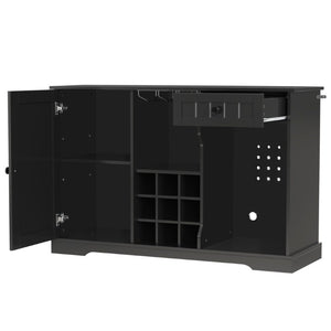 English Elm Bar Cabinet with Fridge Compartment Power Outlet Two Tone Mid Century Modern Storage Black 47.24 L x 16.54 W x 31.1 H N728P511478B