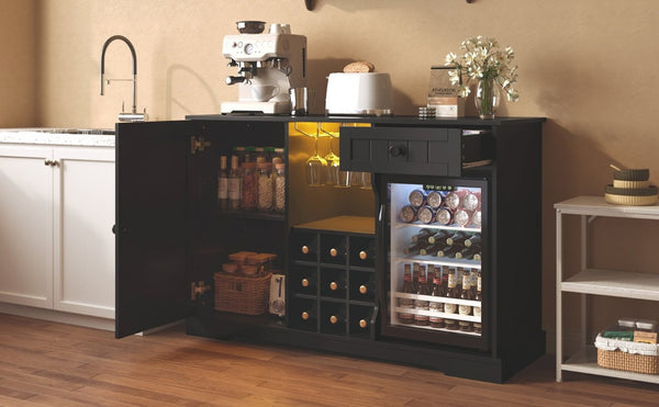 English Elm Bar Cabinet with Fridge Compartment Power Outlet Two Tone Mid Century Modern Storage Black 47.24 L x 16.54 W x 31.1 H N728P511478B