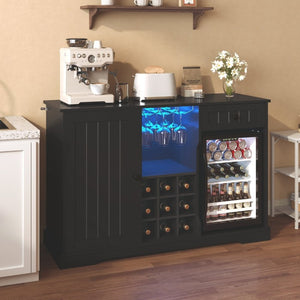 English Elm Bar Cabinet with Fridge Compartment Power Outlet Two Tone Mid Century Modern Storage Black 47.24 L x 16.54 W x 31.1 H N728P511478B
