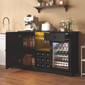 English Elm Bar Cabinet with Fridge Compartment Power Outlet Two Tone Mid Century Modern Storage Black 47.24 L x 16.54 W x 31.1 H N728P511478B