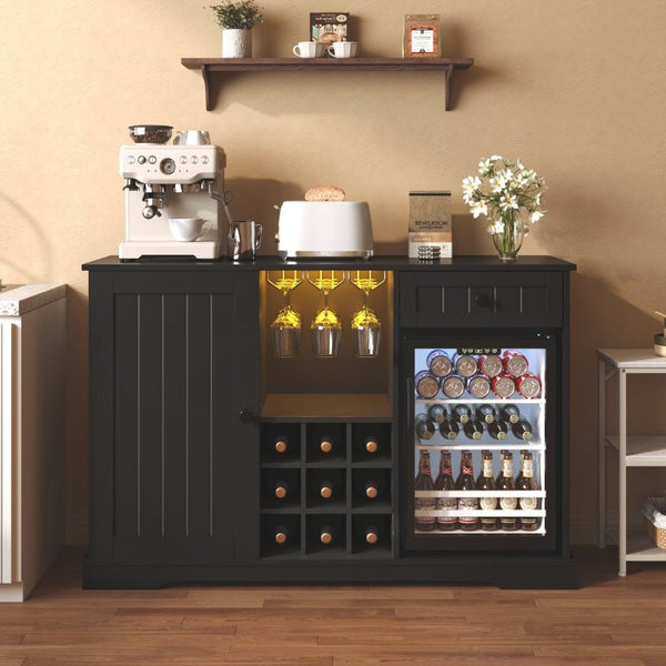 English Elm Bar Cabinet with Fridge Compartment Power Outlet Two Tone Mid Century Modern Storage Black 47.24 L x 16.54 W x 31.1 H N728P511478B