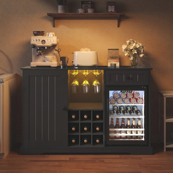 English Elm Bar Cabinet with Fridge Compartment Power Outlet Two Tone Mid Century Modern Storage Black 47.24 L x 16.54 W x 31.1 H N728P511478B