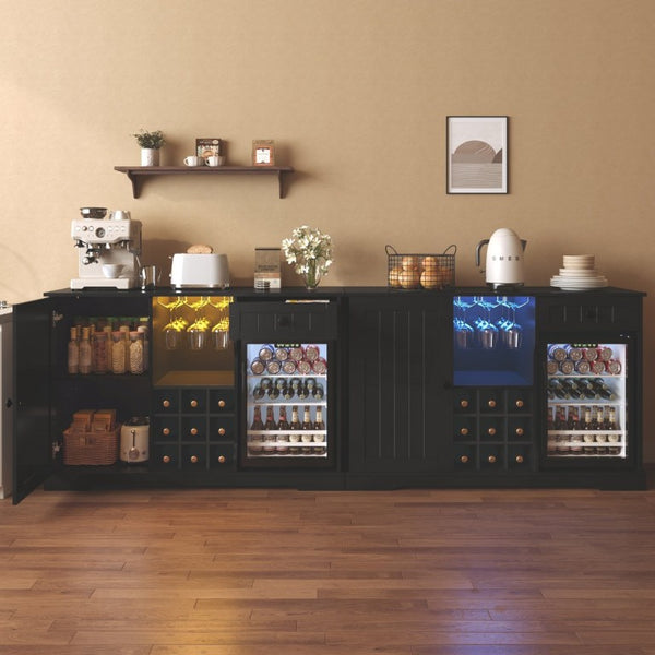 English Elm Bar Cabinet with Fridge Compartment Power Outlet Two Tone Mid Century Modern Storage Black 47.24 L x 16.54 W x 31.1 H N728P511478B