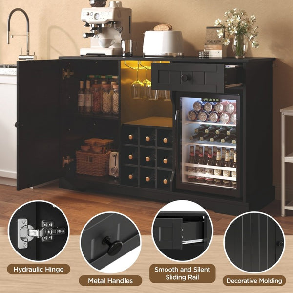 English Elm Bar Cabinet with Fridge Compartment Power Outlet Two Tone Mid Century Modern Storage Black 47.24 L x 16.54 W x 31.1 H N728P511478B