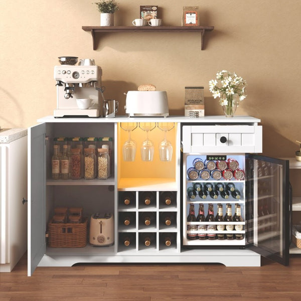 English Elm Bar Cabinet with Wine Rack Glass Holders LED Lighting and Fridge Space Mid Century N728P511478W