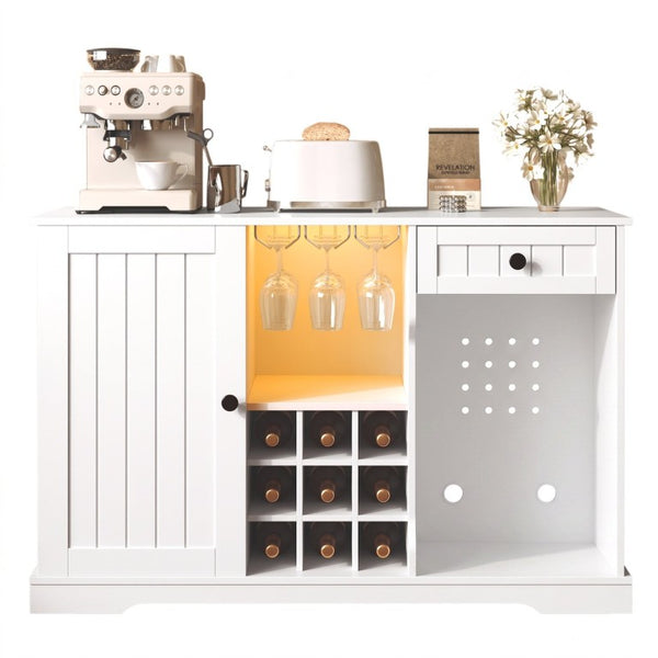 English Elm Bar Cabinet with Wine Rack Glass Holders LED Lighting and Fridge Space Mid Century N728P511478W