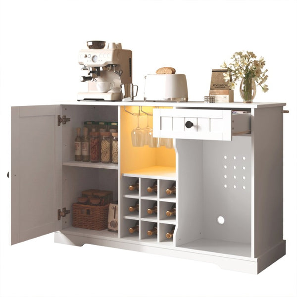 English Elm Bar Cabinet with Wine Rack Glass Holders LED Lighting and Fridge Space Mid Century N728P511478W