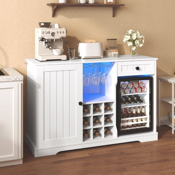 English Elm Bar Cabinet with Wine Rack Glass Holders LED Lighting and Fridge Space Mid Century N728P511478W