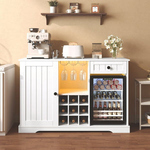 English Elm Bar Cabinet with Wine Rack Glass Holders LED Lighting and Fridge Space Mid Century N728P511478W